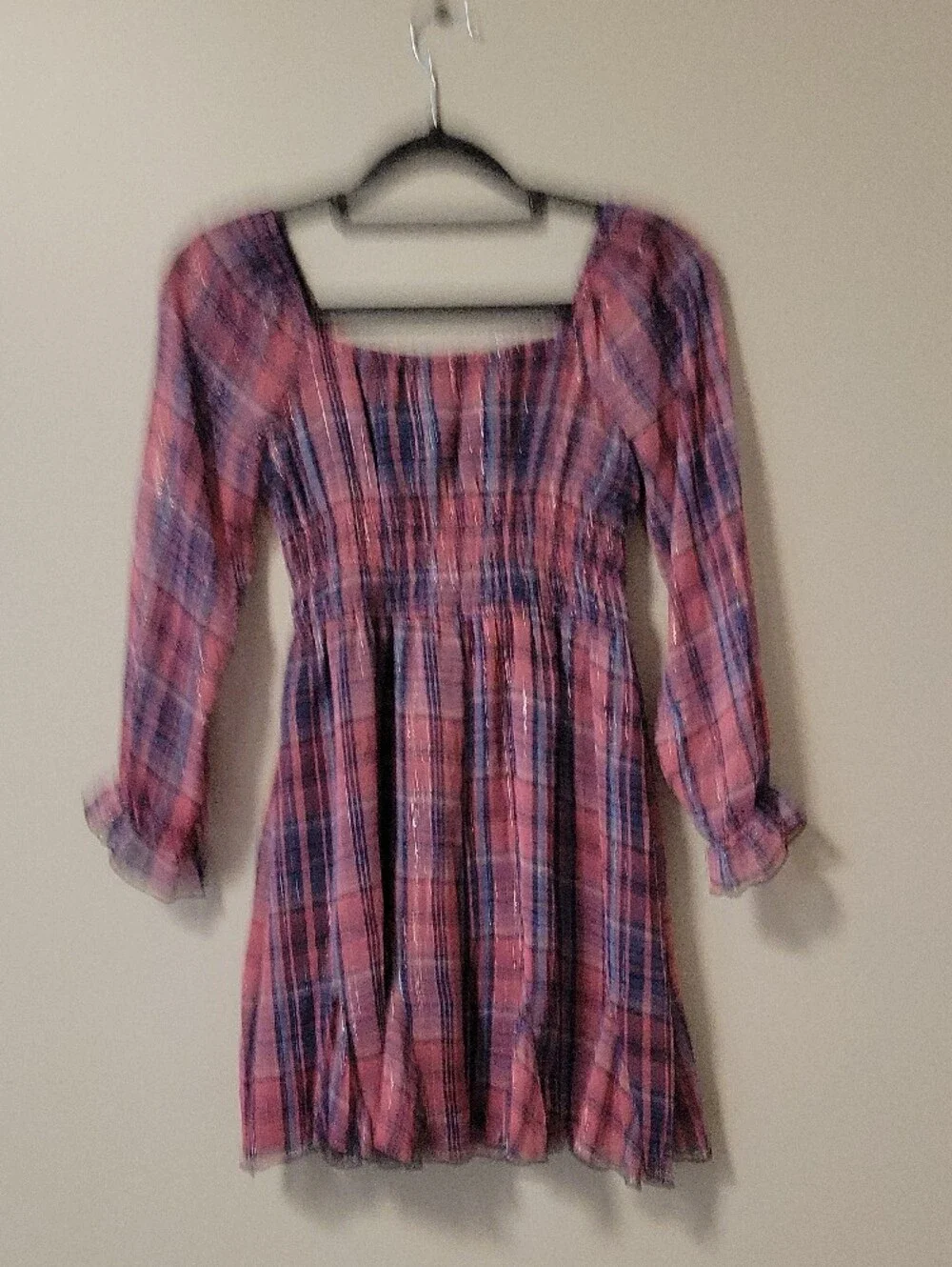 Three Hearts Pink Plaid Square-Neck Smocked Waist Dress